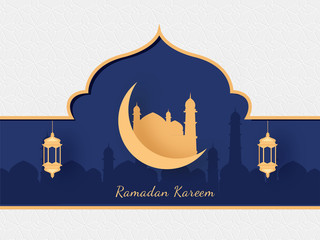 Wall Mural - Islamic Holy Month of Ramadan Kareem with Golden Mosque, Crescent Moon and Hanging Lanterns on Mosque Silhouette on Purple and White Background.