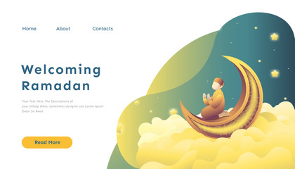 Sticker - Web Landing Page with Ramadan Kareem Theme using Illustration of man praying on top of the moon