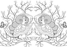 Hand Drawn Doodle Half Woman Half Bird Creature With Leafs And Branches For Coloring Book Page