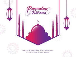 Wall Mural - Islamic Holy Month of Ramadan Kareem Concept with Beautiful Mosque and Hanging Lanterns on White Background.