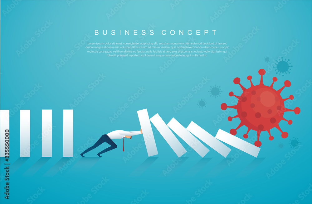 businessman stopping the domino effect from Coronavirus  (COVID-19) vector illustration, EPS10 - obrazy, fototapety, plakaty 