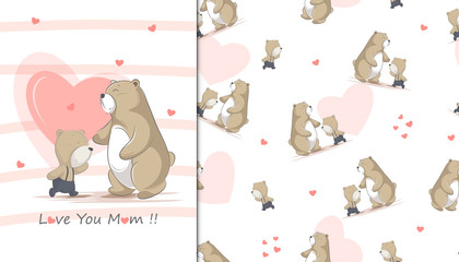 Wall Mural - illustration of mom bear and child for mother day and Kids baby pattern in the white backdrop