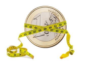 Business and finance, mortgage concept, 1 ruble coin is drawn by a measuring meter.