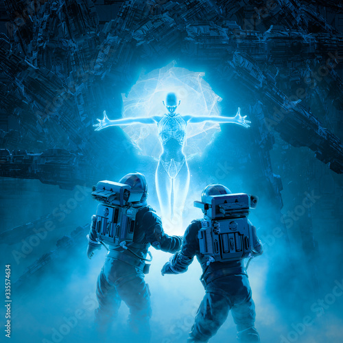 Fototapeta Witch in the mist / 3D illustration of retro science fiction scene showing astro