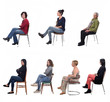 group of women sitting on chair on white background, side view