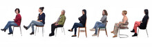 Group Of Women Sitting On Chair On White Background, Side View