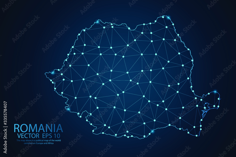 Abstract mash line and point scales on Dark background with map of Romania. Wire frame 3D mesh polygonal network line, design polygon sphere, dot and structure. Vector illustration eps 10. - obrazy, fototapety, plakaty 