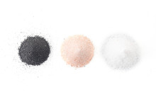 Three Types Of Salt Lie On A White Background - Black, Pink, White