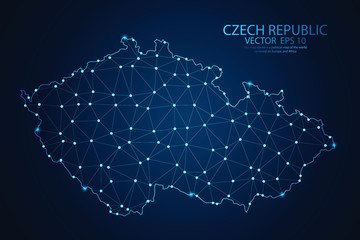 Poster - Abstract mash line and point scales on Dark background with map of Czech Republic. Wire frame 3D mesh polygonal network line, design polygon sphere, dot and structure. Vector illustration eps 10.