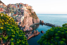 Manarola, Cinque Terre, Liguria, Italy. Sunset Over The Town, View From A Vantage Point