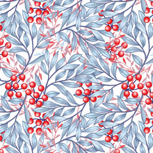 Elegant Blue Leaves With With Red Berries On White Background