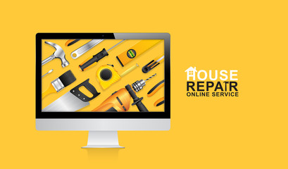 Wall Mural - Construction tools online service computer with set all of tools supplies for house repair builder on yellow background vector illustration