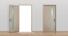 Open And Closed Doors. Realistic 3D White And Brown Home And Office Entry Doors. Vector Image Different Front Apartment Doors Set Isolated On White Background
