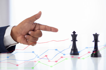 Businessman  hand moving of playing chess,  .concept: leadership symbol confident new strategy plan for win and success, sports game  thinking battle planning object achievement queen for successful