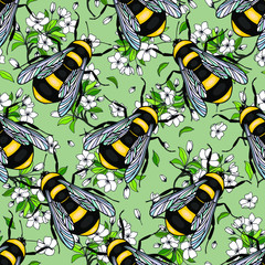 Seamless pattern of insects bumblebees and flowers of apple trees. eps10 vector stock illustration