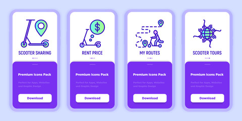 Electric scooter mobile user interface with thin line icons: pointer, route, rental price, sharing service. Modern vector illustration, template with copy space.