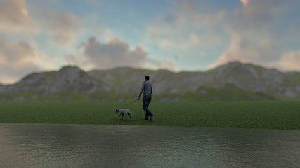 Man With Dog at Lake 3D Rendering