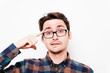 © aeroking - Closeup portrait of angry man gesturing with his finger against his temple, are you crazy?