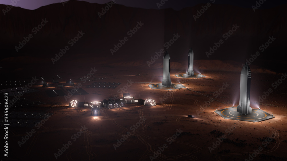A depiction of a base on a hostile and barren planet. The small colony is equipped with two rovers for astronauts to use for exploration of the surface. 3d illustration - obrazy, fototapety, plakaty 