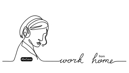 Wall Mural - Work from home lettering and vector illustration. Person with headset.