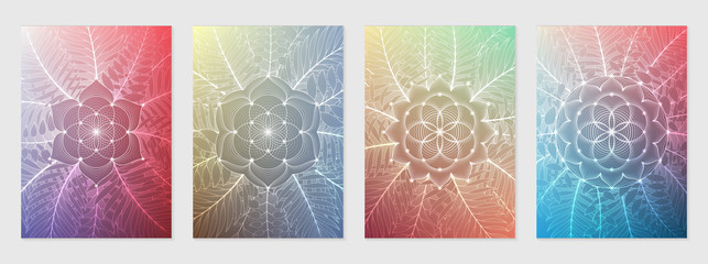 Set of four template for card or poster, vertical format; Spiritual abstract sacred geometry on gradient backgrounds; 