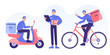 Delivery and courier service concept. Set of delivery man. Riding bicycle. Driving moped or scooter to deliver food or packages in time and holding box or package in hand. Vector illustration
