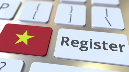 Register text and flag of Vietnam on the keyboard. Online services related 3D animation