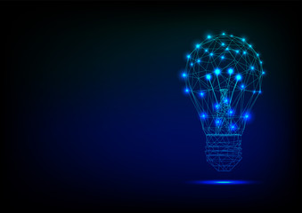 Abstract lamp bulb consisting of points, lines, and shapes. Vector business illustration. Polygon idea light bulb on blockchain technology network hud background. Low poly lamp on blue background