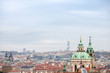Panorama of Prague, Czech Republic, seen from above, during an autumn cloudy afternoon. Major tourist landmarks such as Zizkov TV Tower and Kostel Svateho Mikulase church and cathedrals are visible