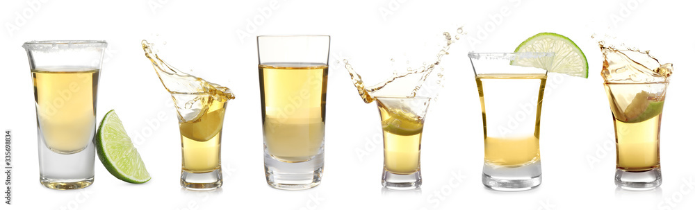 Set of Mexican Tequila shots on white background. Banner design - obrazy, fototapety, plakaty 