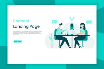 Wall Mural - Flat vector illustration of a girl and boy talking for a podcast broadcast. Landing page illustration