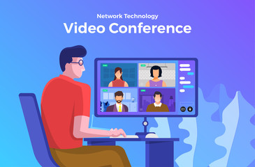 Illustrations flat design concept video conference. online meeting work form home. Vector illustrate.