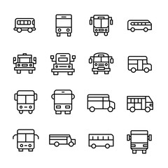 Sticker - Set of school bus related vector line icons.