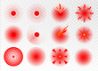 Pain localization mark, set of abstract symbols of pain. Red circles for marking human pain. Headache, hurt body part marker, muscular joint pain