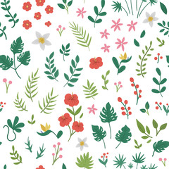 Wall Mural - Vector tropical flowers leaves and twigs seamless pattern. Jungle foliage and florals texture. Hand drawn flat exotic plants digital paper. Bright childish summer greenery ornament..