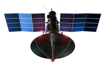 Wall Mural - space satellite with dish antenna and solar panels isolated on a white background. telecommunication