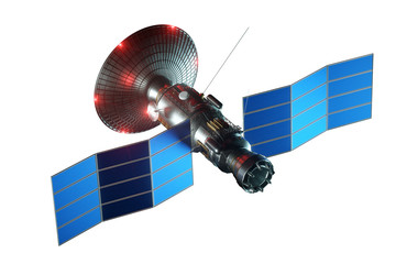 Wall Mural - space satellite with dish antenna and solar panels isolated on a white background. telecommunication