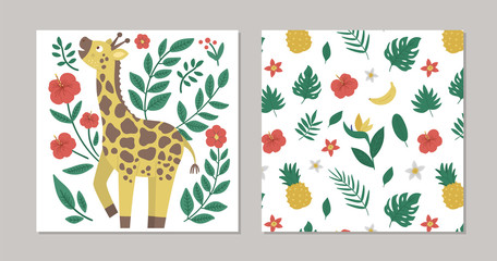 Wall Mural - Set of vector summer pre-made designs with tropical animal, plants and flowers. Funny exotic square gift card templates with cute jungle characters. Giraffe with leaves and hibiscus flowers .