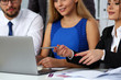© H_Ko - Group of people in office use laptop pc closeup. Funny internet video white collar colleague sharing plan at workplace busy lifestyle corporate style new worker interview web search chat concept