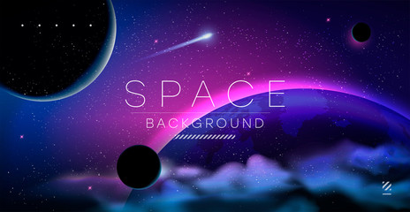 vector illustration of space, planets and galaxy for poster, banner or background. abstract drawings