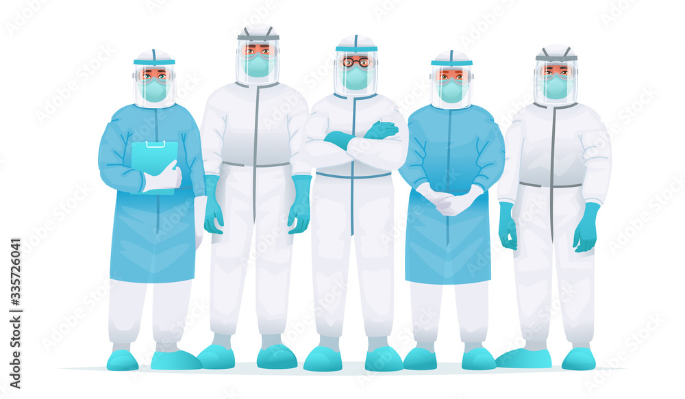 Team of doctors in a protective suit, medical mask and glasses. Combating the outbreak of the coronavirus epidemic COVID-2019 - obrazy, fototapety, plakaty 