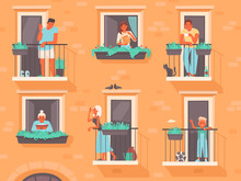Neighborhood Concept. People Stand On Balconies Or Look Out Of Windows. The Neighbors Of An Apartment Building