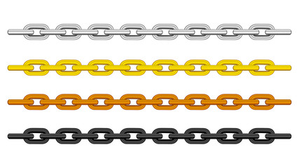 silver chain, gold chain, copper metal chain and black steel chains set isolated on black background, illustration chains