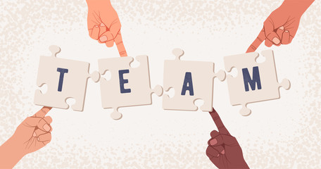 Wall Mural - group of hands collecting puzzle with team word. team building or team work concept. vector illustra