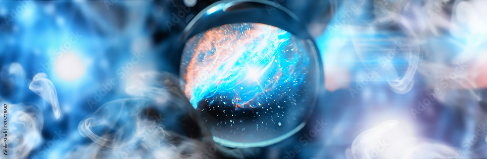 Astrological background. Crystal ball with predictions. Horoscope of the stars. Fortune telling and determination of fate. Soothsayer with a crystal ball. - obrazy, fototapety, plakaty 
