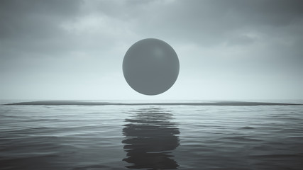 Wall Mural - Mysterious Black Geo Sphere Floating  on Black Sand Surrounded by Water 3d illustration 3d render  