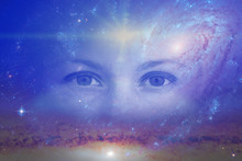 The Eyes Of A Clairvoyant In Space Against The Background Of The Starry Sky And Galaxies. The Concept Of Clairvoyance, Esotericism Or Astrology. Elements Of This Image Furnished By NASA