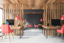 Wooden And Gray Open Space Office Interior
