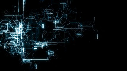 4K blue electric circuit and double exposure rectangle grid growing on black monitor screen background, Futuristic information technology concept