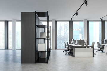 White open space office with bookcase, side view